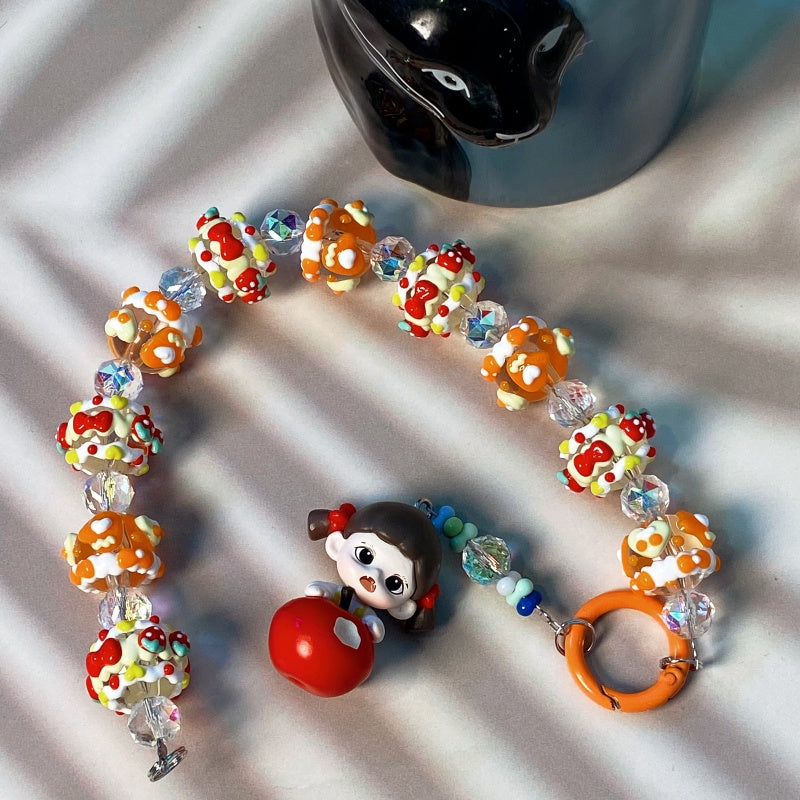 Cute Handmade Candy Beaded Keychain – Adorable Girl with Red Apple Charm Phone Chain – Colorful Beads Mobile Strap – Unique Bag Accessory & Gift for Teens