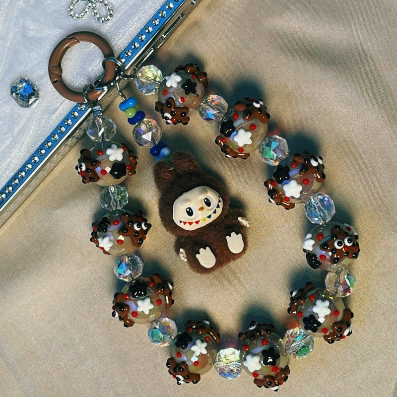 Labubu Yeti Style Phone Strap – Handmade Beaded Charm with Fuzzy Monster Doll & Cookie-Inspired Glass Beads – Cute Keychain & Bag Accessory