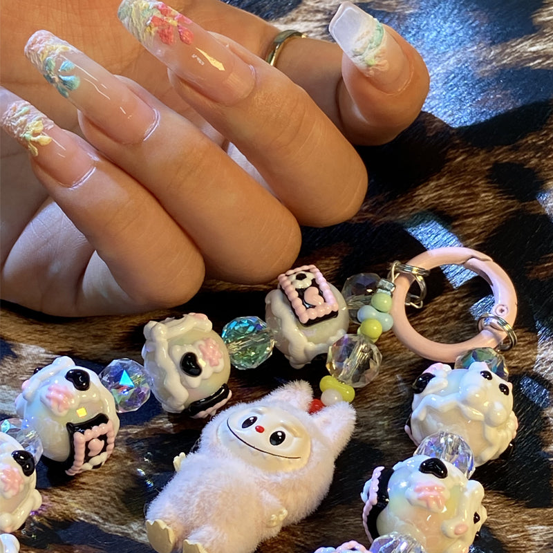 Kawaii Labubu Plush Charm Phone Strap – Handmade Beaded Keychain with Cute Dog Pendant & Glass Beads – Soft Girl Aesthetic Accessory