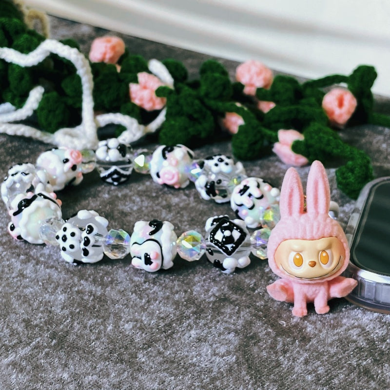 Kawaii Pink Labubu Plush Rabbit Charm Keychain – Handmade Black & White Beaded Phone Strap – Cute Soft Girl Bag Accessory & Gift