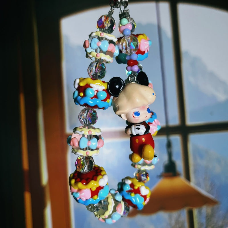 Dimoo Mickey Style Phone Strap – Handmade Cream Beaded Charm with Cute Cartoon Doll & Crystal Beads – Kawaii Bag Accessory & Toy Gift