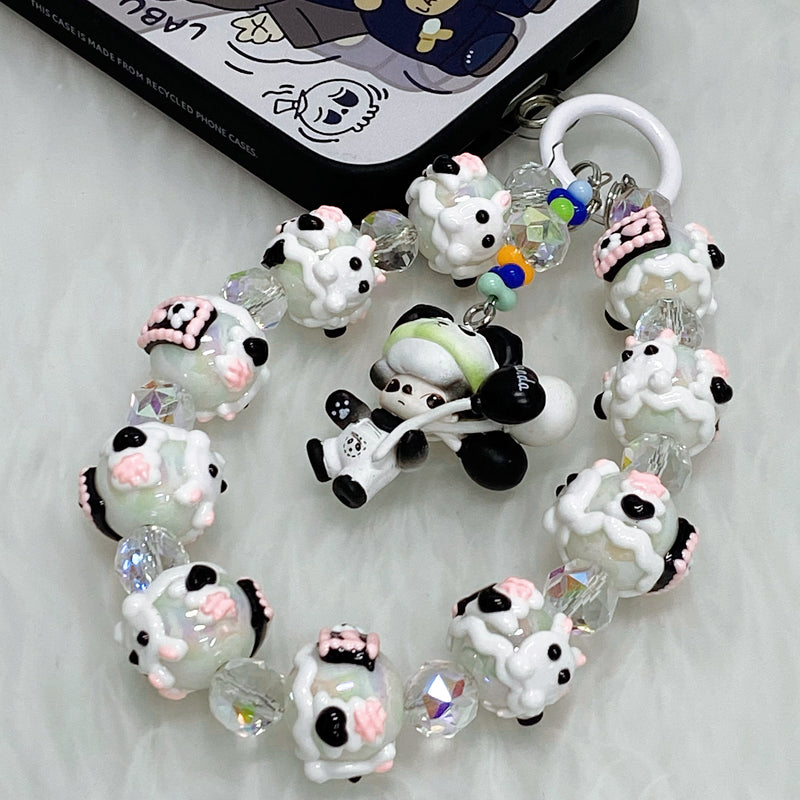 Handmade Kawaii Panda Dimo Beaded Keychain – Cute Black & White Doll Charm with Pink Details – Crystal Beads Phone Strap & Bag Accessory