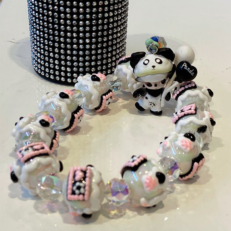 Handmade Kawaii Panda Dimo Beaded Keychain – Cute Black & White Doll Charm with Pink Details – Crystal Beads Phone Strap & Bag Accessory