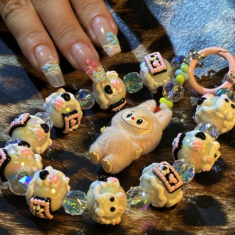 Kawaii Labubu Plush Charm Phone Strap – Handmade Beaded Keychain with Cute Dog Pendant & Glass Beads – Soft Girl Aesthetic Accessory