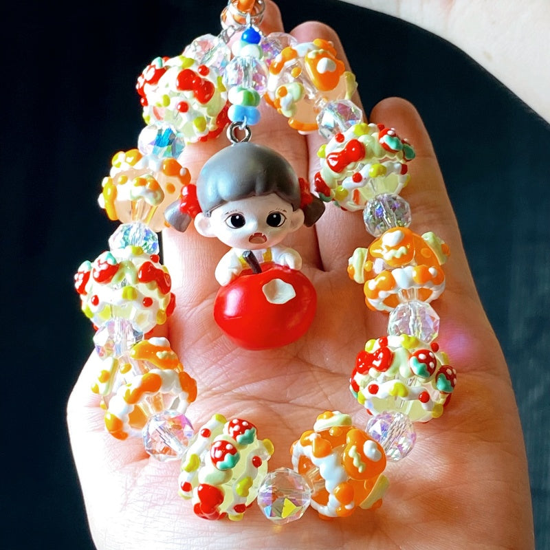 Cute Handmade Candy Beaded Keychain – Adorable Girl with Red Apple Charm Phone Chain – Colorful Beads Mobile Strap – Unique Bag Accessory & Gift for Teens