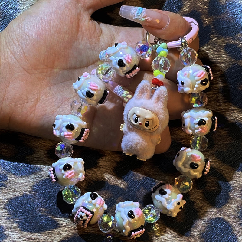 Kawaii Labubu Plush Charm Phone Strap – Handmade Beaded Keychain with Cute Dog Pendant & Glass Beads – Soft Girl Aesthetic Accessory