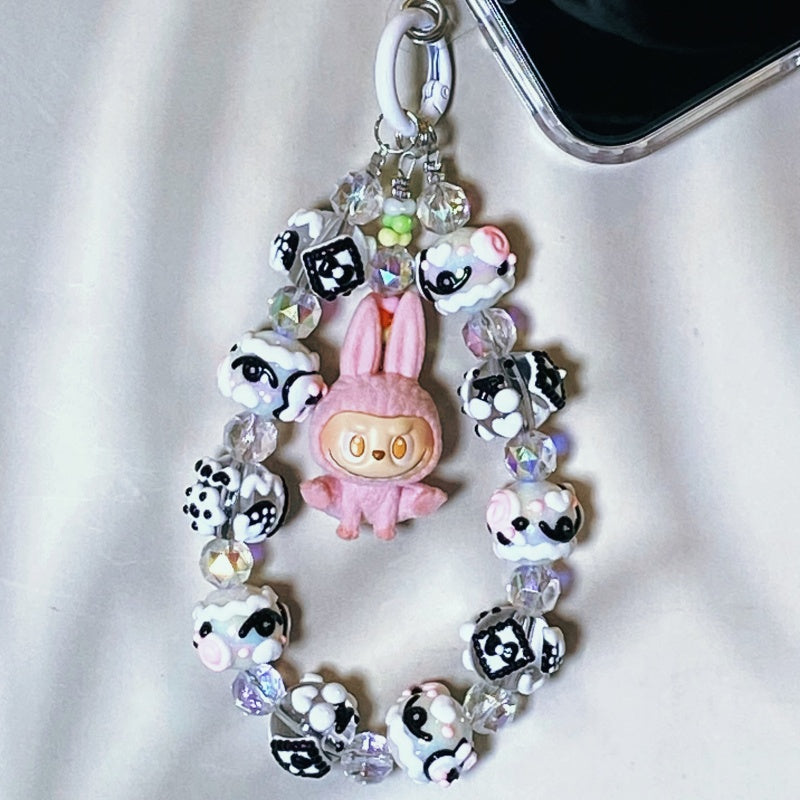 Kawaii Pink Labubu Plush Rabbit Charm Keychain – Handmade Black & White Beaded Phone Strap – Cute Soft Girl Bag Accessory & Gift