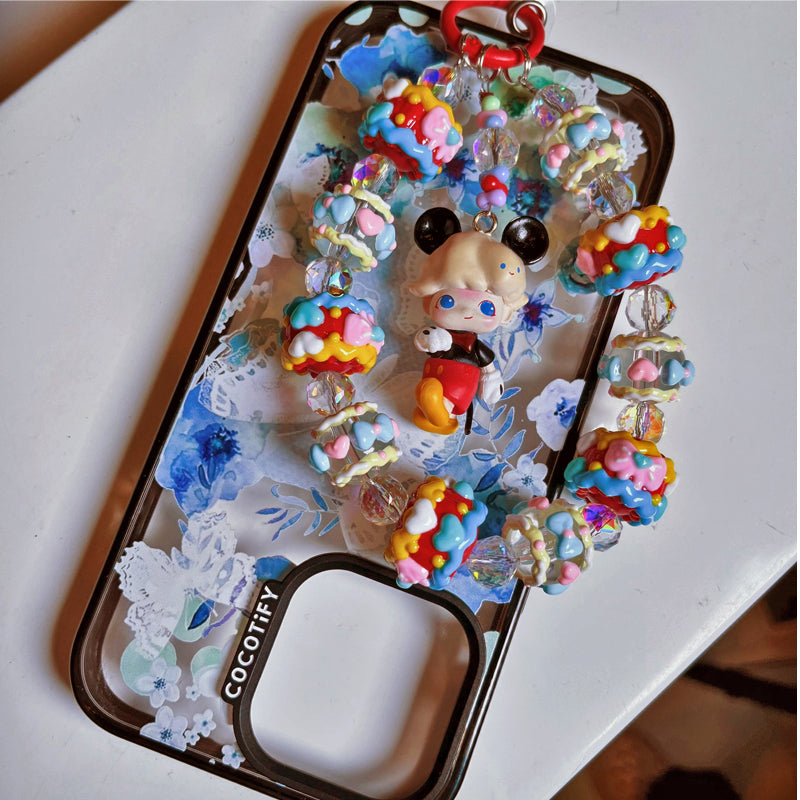 Dimoo Mickey Style Phone Strap – Handmade Cream Beaded Charm with Cute Cartoon Doll & Crystal Beads – Kawaii Bag Accessory & Toy Gift
