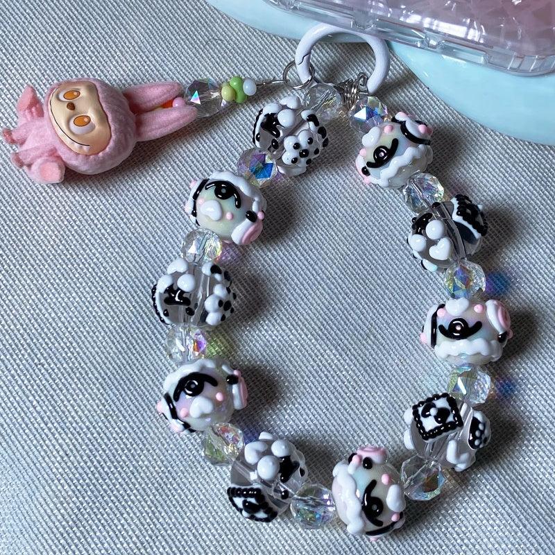 Kawaii Pink Labubu Plush Rabbit Charm Keychain – Handmade Black & White Beaded Phone Strap – Cute Soft Girl Bag Accessory & Gift