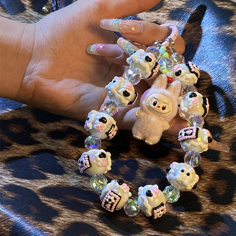 Kawaii Labubu Plush Charm Phone Strap – Handmade Beaded Keychain with Cute Dog Pendant & Glass Beads – Soft Girl Aesthetic Accessory