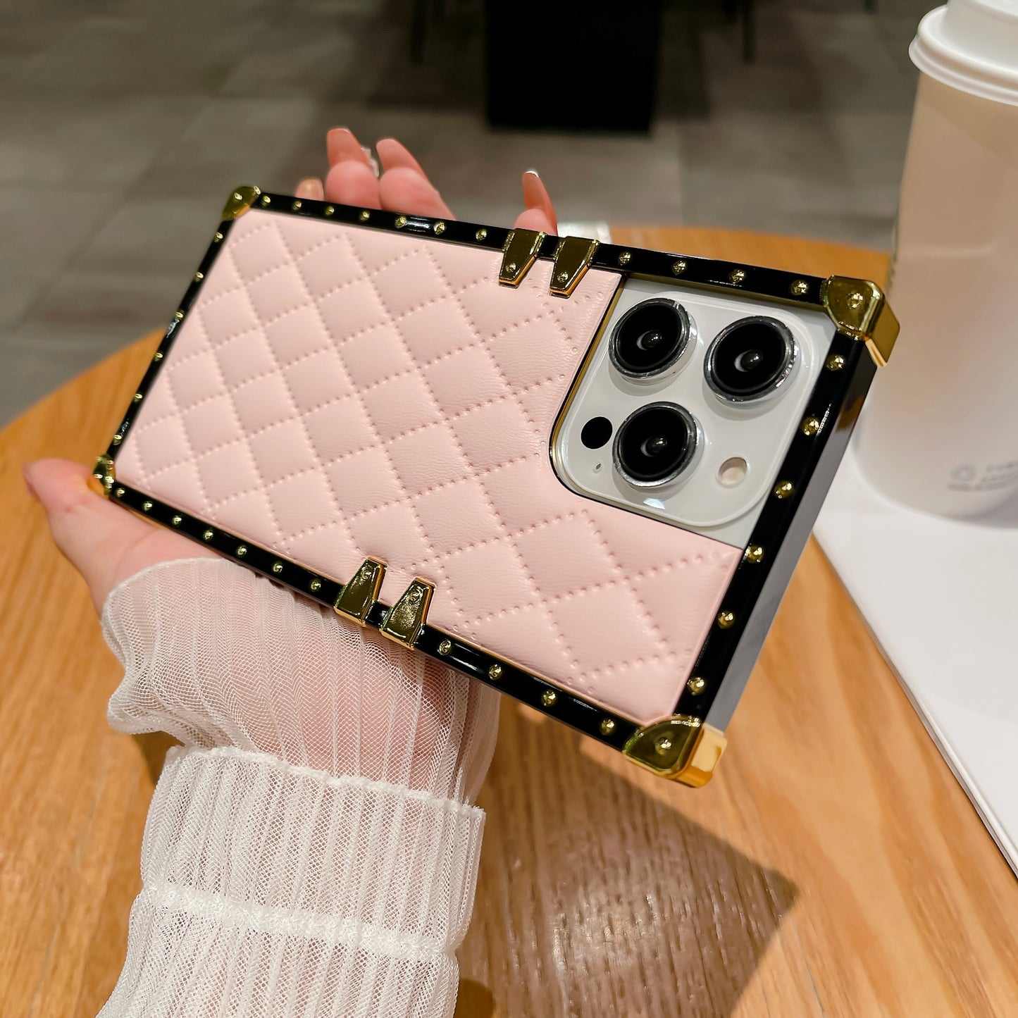Quilted Leather iPhone Case – Luxury Diamond Pattern with Metallic Edges, Protective and Stylish Case for iPhone16/15/14/13, Available in Pink, Orange, and Black Style
