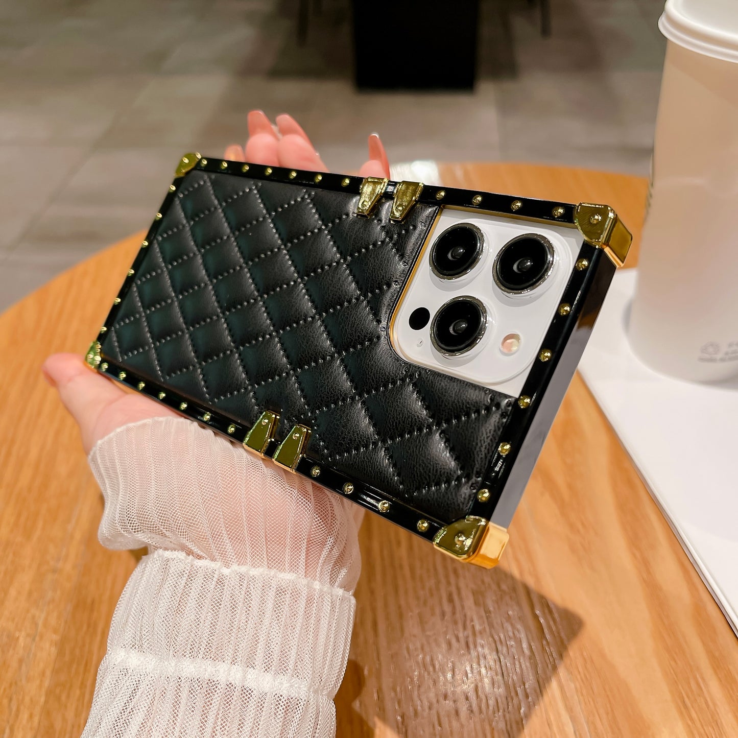 Quilted Leather iPhone Case – Luxury Diamond Pattern with Metallic Edges, Protective and Stylish Case for iPhone16/15/14/13, Available in Pink, Orange, and Black Style