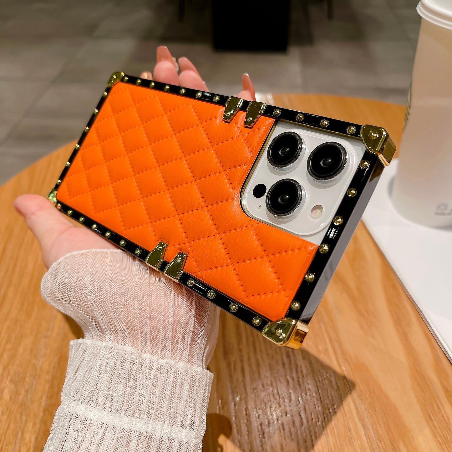 Quilted Leather iPhone Case – Luxury Diamond Pattern with Metallic Edges, Protective and Stylish Case for iPhone16/15/14/13, Available in Pink, Orange, and Black Style