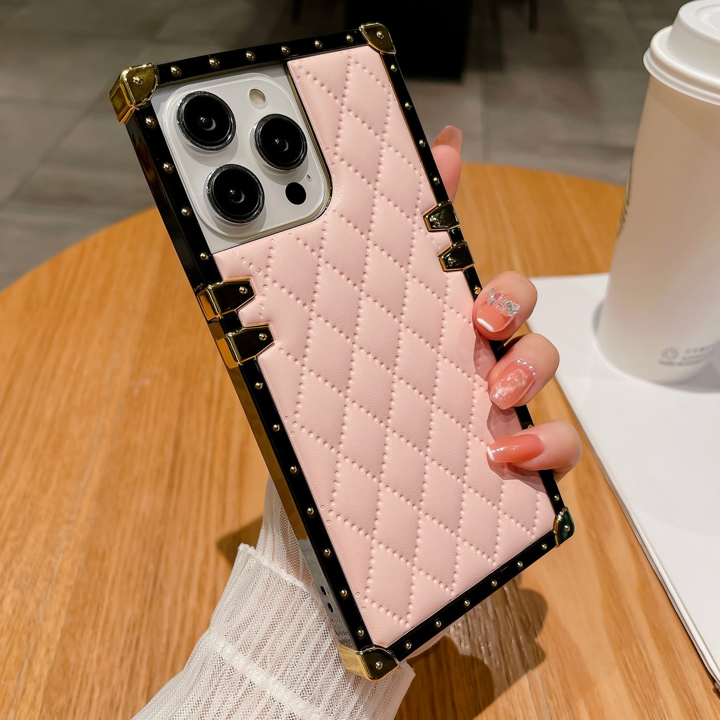 Quilted Leather iPhone Case – Luxury Diamond Pattern with Metallic Edges, Protective and Stylish Case for iPhone16/15/14/13, Available in Pink, Orange, and Black Style