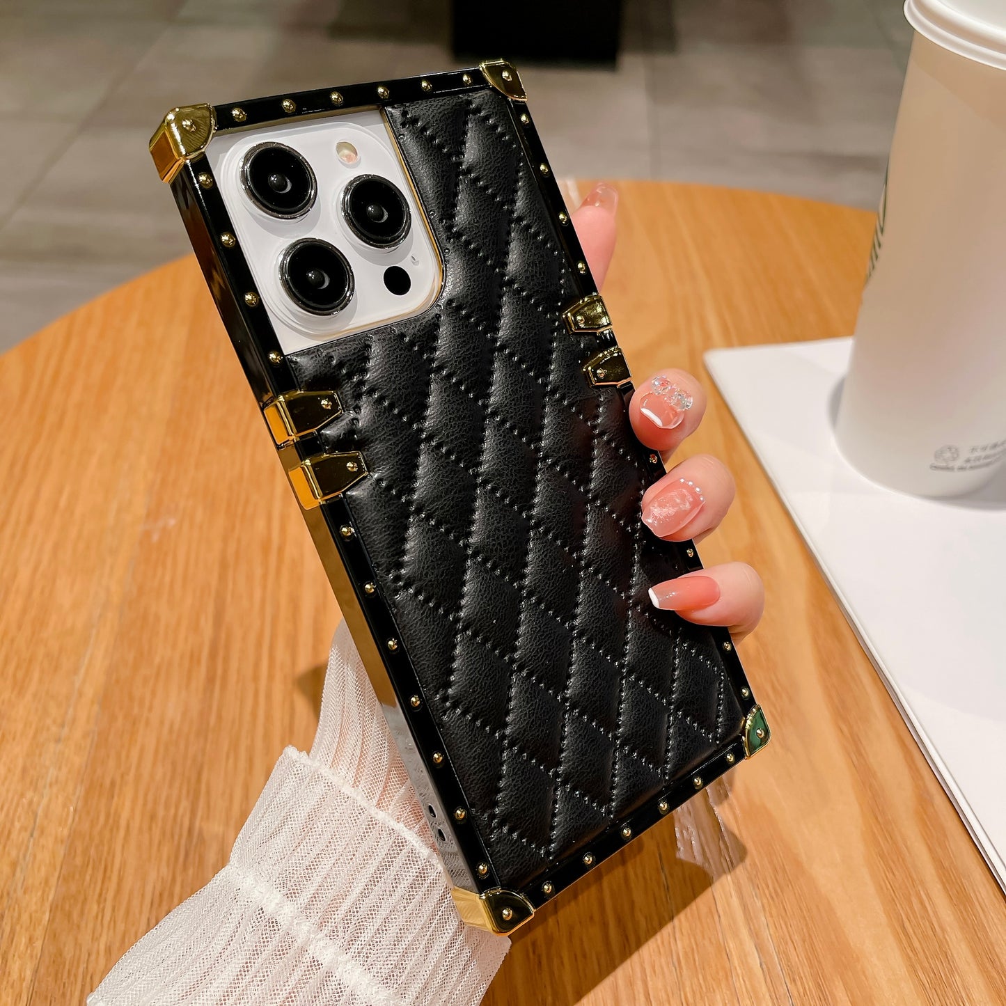 Quilted Leather iPhone Case – Luxury Diamond Pattern with Metallic Edges, Protective and Stylish Case for iPhone16/15/14/13, Available in Pink, Orange, and Black Style