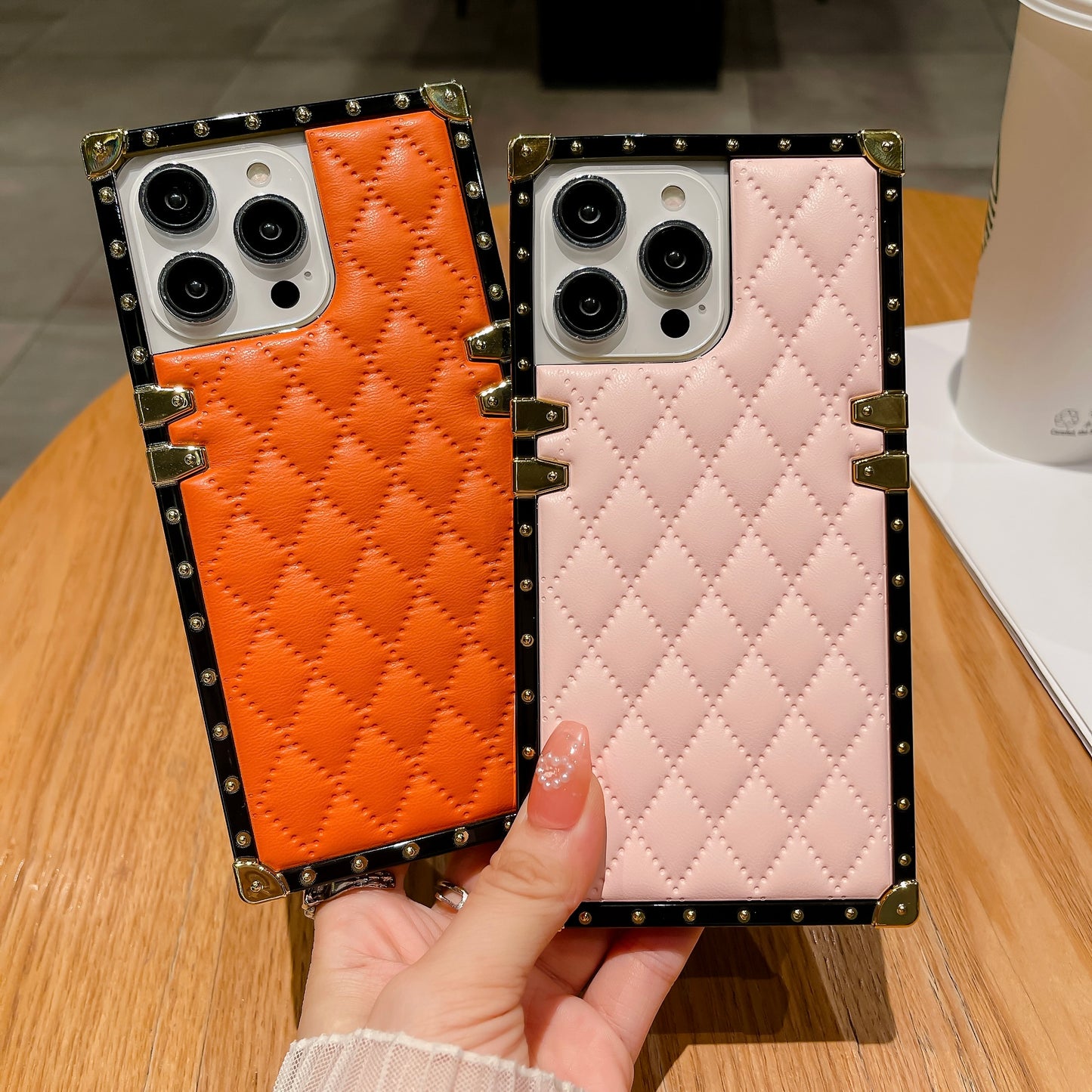 Quilted Leather iPhone Case – Luxury Diamond Pattern with Metallic Edges, Protective and Stylish Case for iPhone16/15/14/13, Available in Pink, Orange, and Black Style