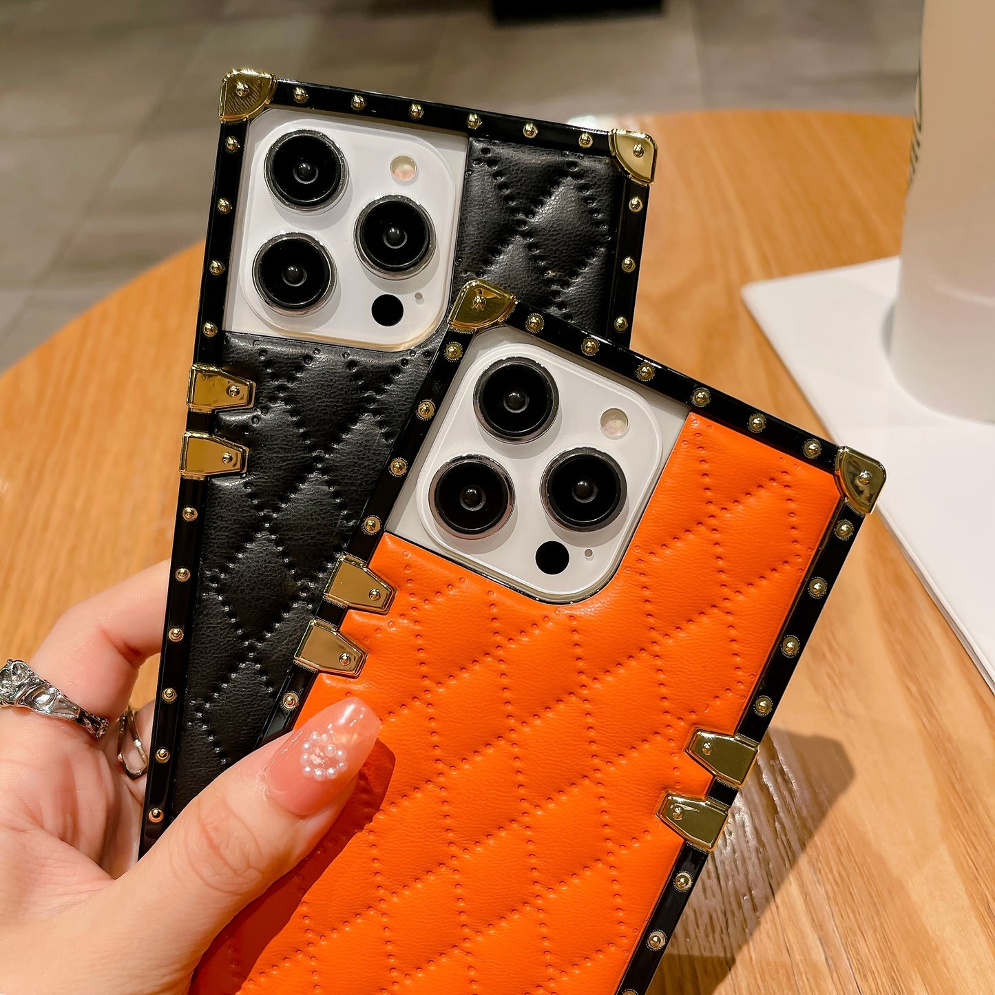 Quilted Leather iPhone Case – Luxury Diamond Pattern with Metallic Edges, Protective and Stylish Case for iPhone16/15/14/13, Available in Pink, Orange, and Black Style