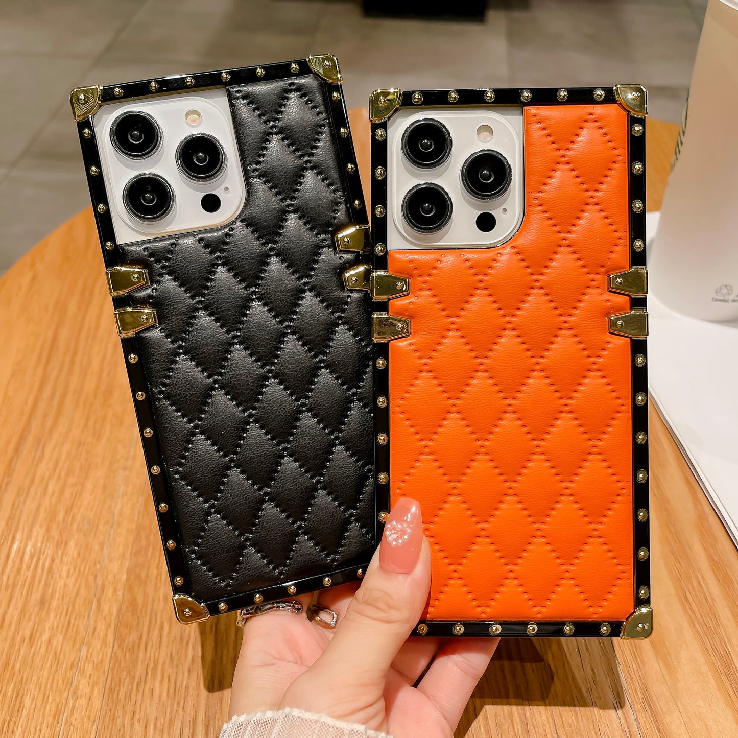 Quilted Leather iPhone Case – Luxury Diamond Pattern with Metallic Edges, Protective and Stylish Case for iPhone16/15/14/13, Available in Pink, Orange, and Black Style