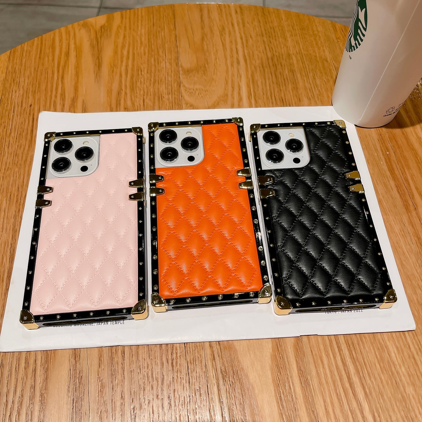 Quilted Leather iPhone Case – Luxury Diamond Pattern with Metallic Edges, Protective and Stylish Case for iPhone16/15/14/13, Available in Pink, Orange, and Black Style