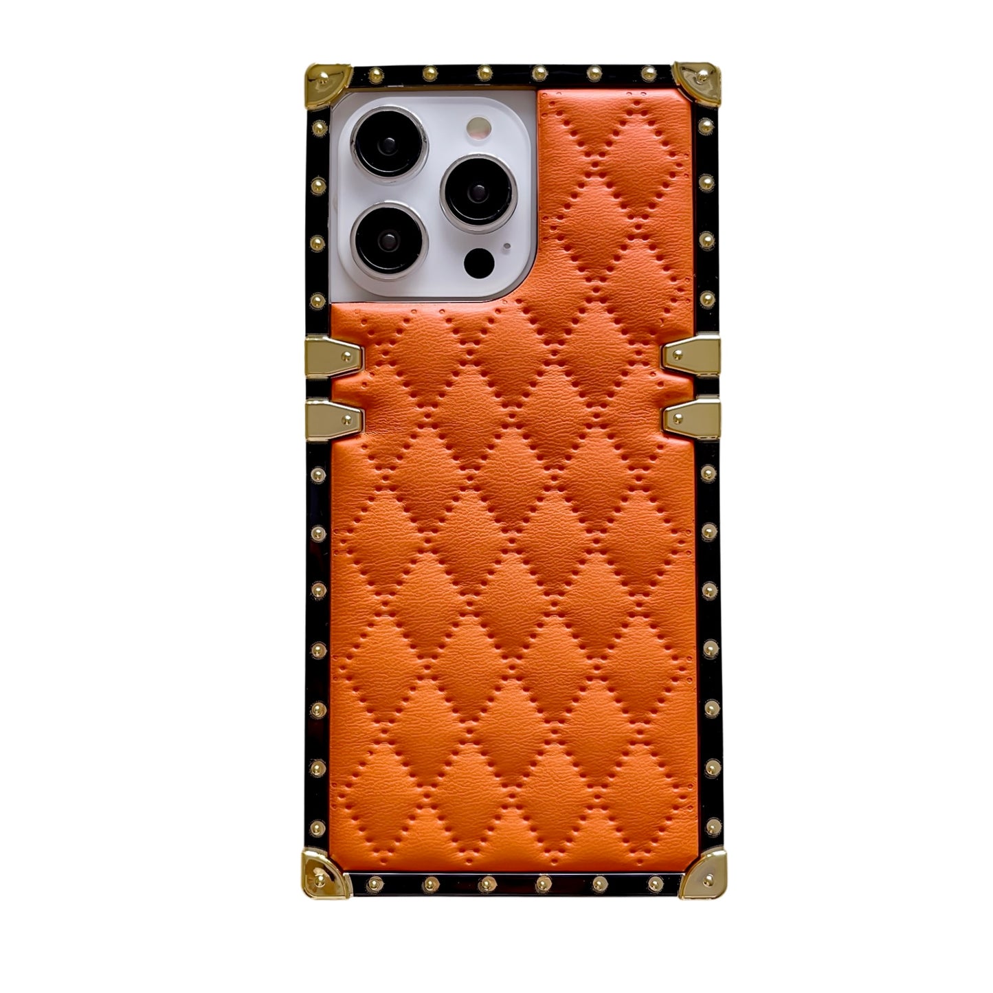 Quilted Leather iPhone Case – Luxury Diamond Pattern with Metallic Edges, Protective and Stylish Case for iPhone16/15/14/13, Available in Pink, Orange, and Black Style