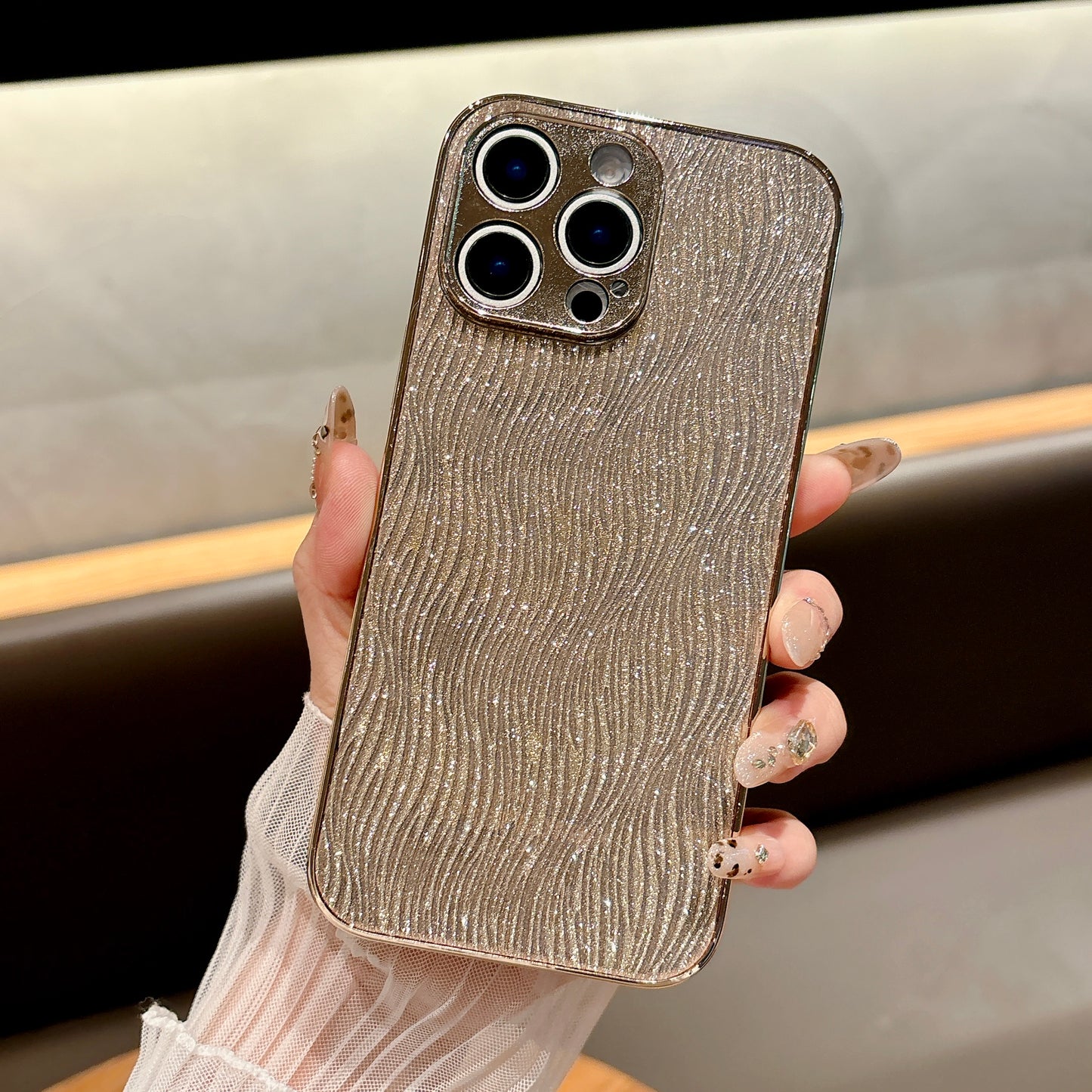 Shimmering Wave iPhone Case – Sparkling Glitter Design with Metallic Edges, Luxury Protective Case for iPhone 16/15/14/13, Available in Multiple Colors