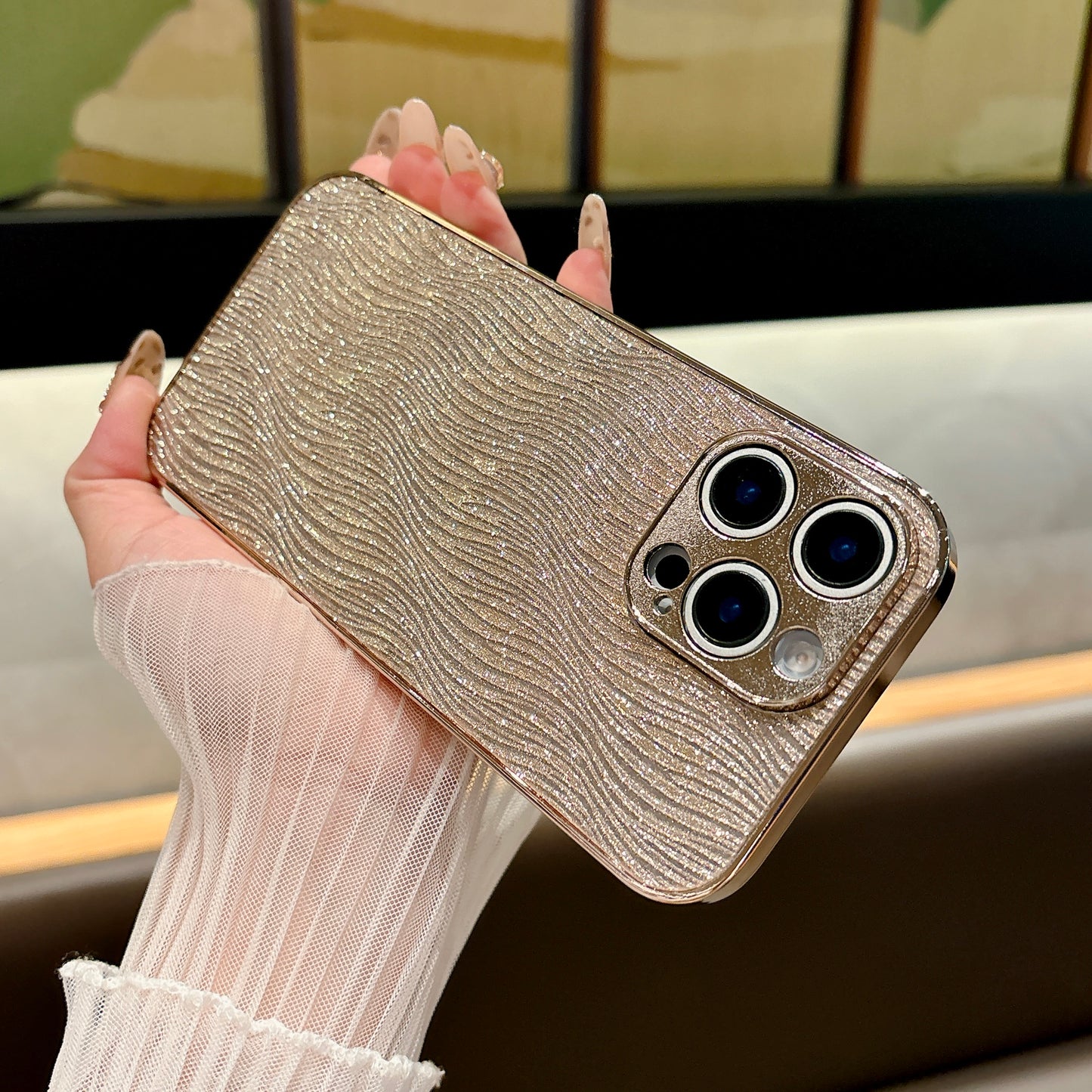 Shimmering Wave iPhone Case – Sparkling Glitter Design with Metallic Edges, Luxury Protective Case for iPhone 16/15/14/13, Available in Multiple Colors