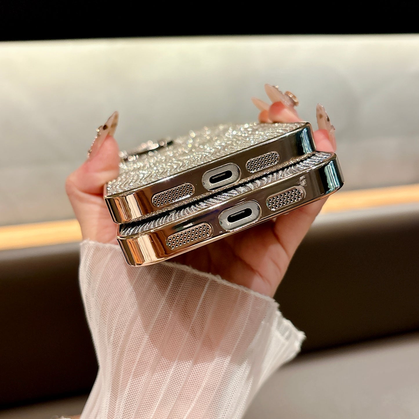 Shimmering Wave iPhone Case – Sparkling Glitter Design with Metallic Edges, Luxury Protective Case for iPhone 16/15/14/13, Available in Multiple Colors