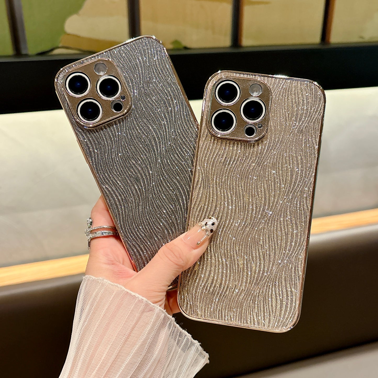 Shimmering Wave iPhone Case – Sparkling Glitter Design with Metallic Edges, Luxury Protective Case for iPhone 16/15/14/13, Available in Multiple Colors