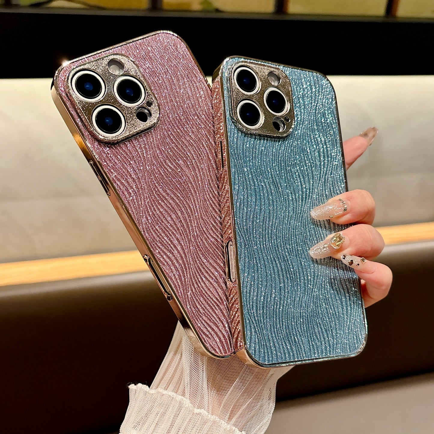 Shimmering Wave iPhone Case – Sparkling Glitter Design with Metallic Edges, Luxury Protective Case for iPhone 16/15/14/13, Available in Multiple Colors