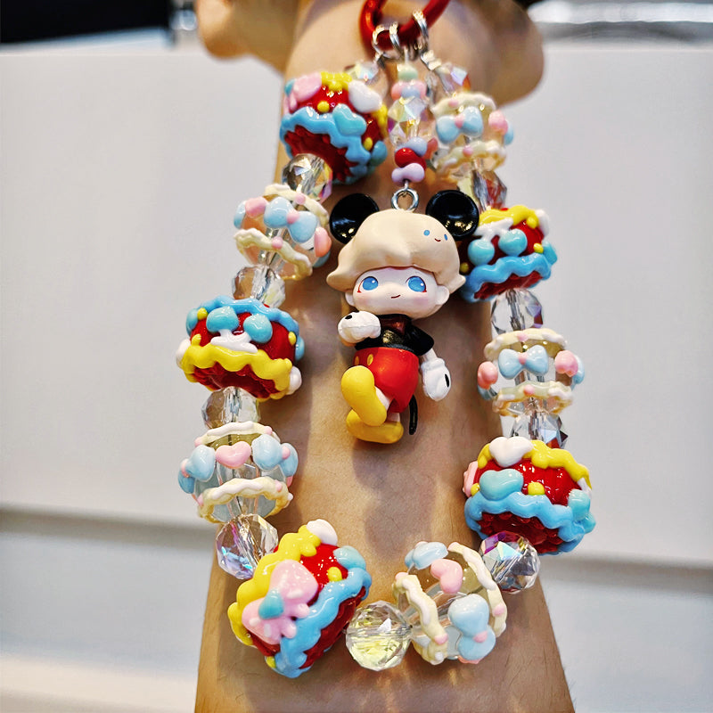 Dimoo Mickey Style Phone Strap – Handmade Cream Beaded Charm with Cute Cartoon Doll & Crystal Beads – Kawaii Bag Accessory & Toy Gift