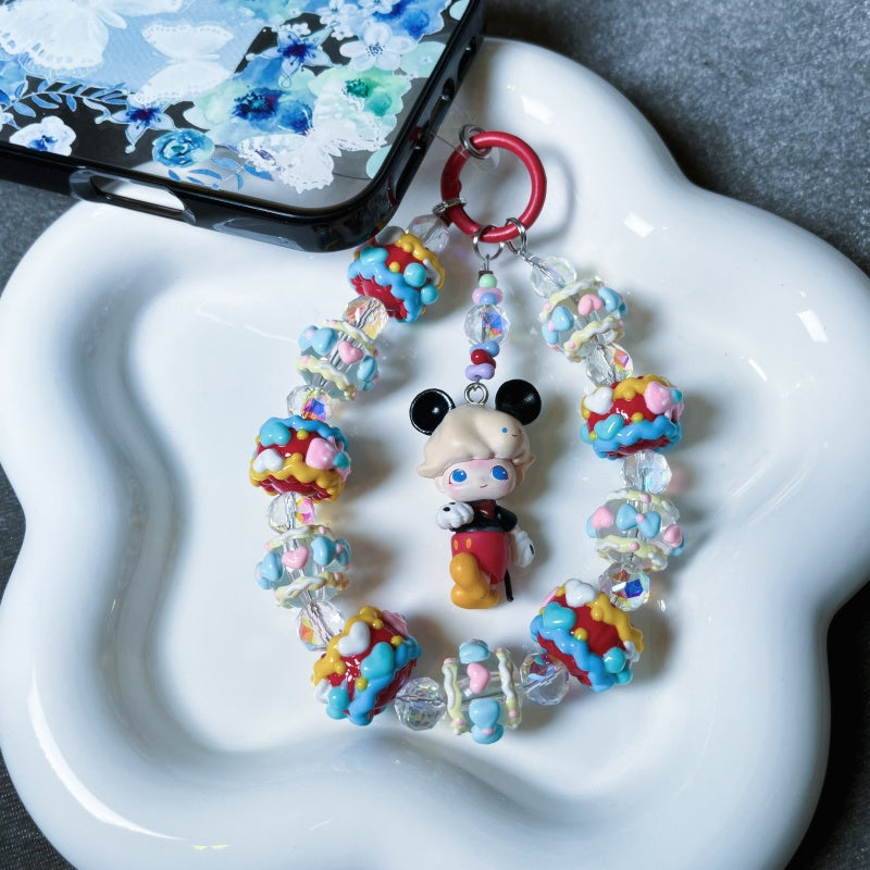 Dimoo Mickey Style Phone Strap – Handmade Cream Beaded Charm with Cute Cartoon Doll & Crystal Beads – Kawaii Bag Accessory & Toy Gift