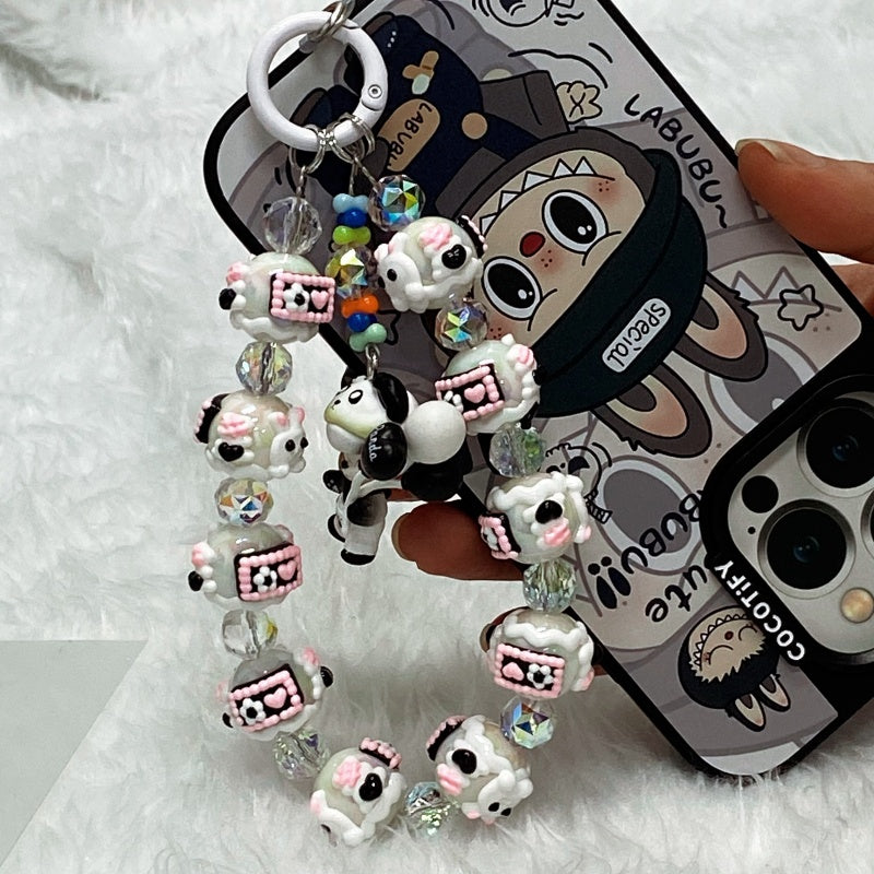 Handmade Kawaii Panda Dimo Beaded Keychain – Cute Black & White Doll Charm with Pink Details – Crystal Beads Phone Strap & Bag Accessory