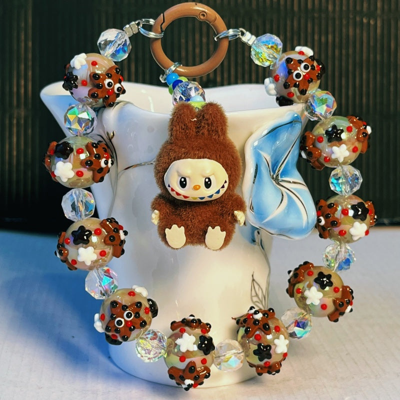 Labubu Yeti Style Phone Strap – Handmade Beaded Charm with Fuzzy Monster Doll & Cookie-Inspired Glass Beads – Cute Keychain & Bag Accessory