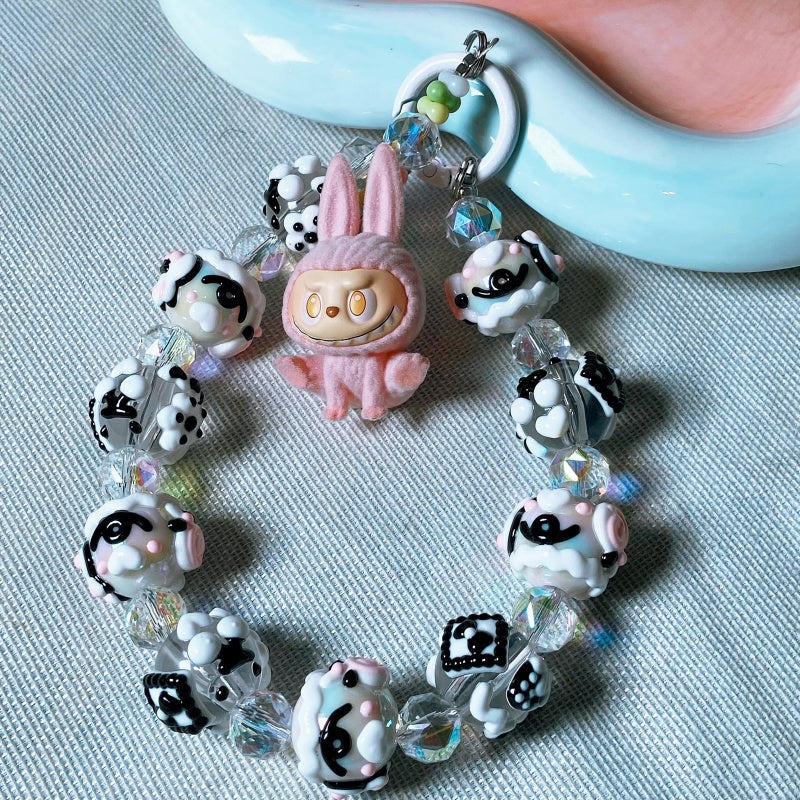 Kawaii Pink Labubu Plush Rabbit Charm Keychain – Handmade Black & White Beaded Phone Strap – Cute Soft Girl Bag Accessory & Gift