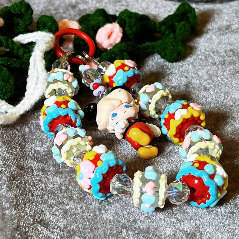 Dimoo Mickey Style Phone Strap – Handmade Cream Beaded Charm with Cute Cartoon Doll & Crystal Beads – Kawaii Bag Accessory & Toy Gift