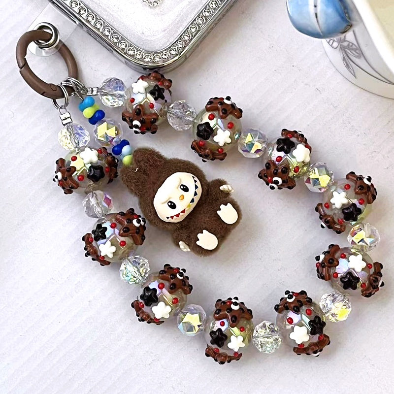 Labubu Yeti Style Phone Strap – Handmade Beaded Charm with Fuzzy Monster Doll & Cookie-Inspired Glass Beads – Cute Keychain & Bag Accessory