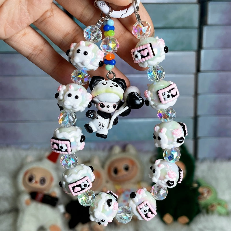 Handmade Kawaii Panda Dimo Beaded Keychain – Cute Black & White Doll Charm with Pink Details – Crystal Beads Phone Strap & Bag Accessory
