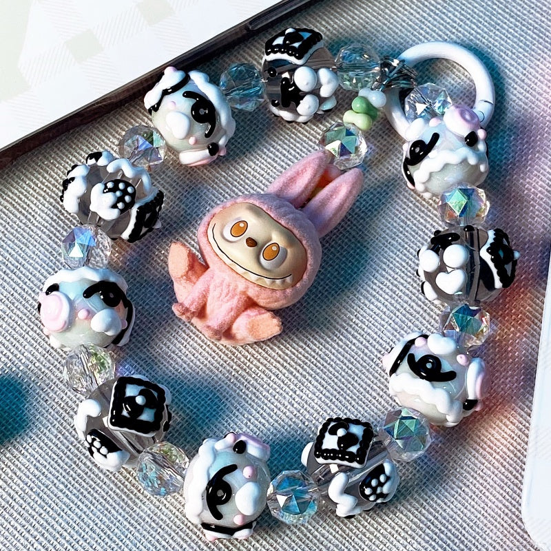 Kawaii Pink Labubu Plush Rabbit Charm Keychain – Handmade Black & White Beaded Phone Strap – Cute Soft Girl Bag Accessory & Gift