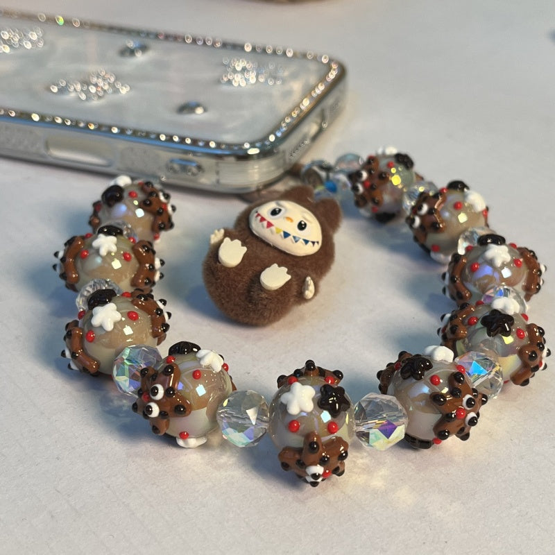 Labubu Yeti Style Phone Strap – Handmade Beaded Charm with Fuzzy Monster Doll & Cookie-Inspired Glass Beads – Cute Keychain & Bag Accessory