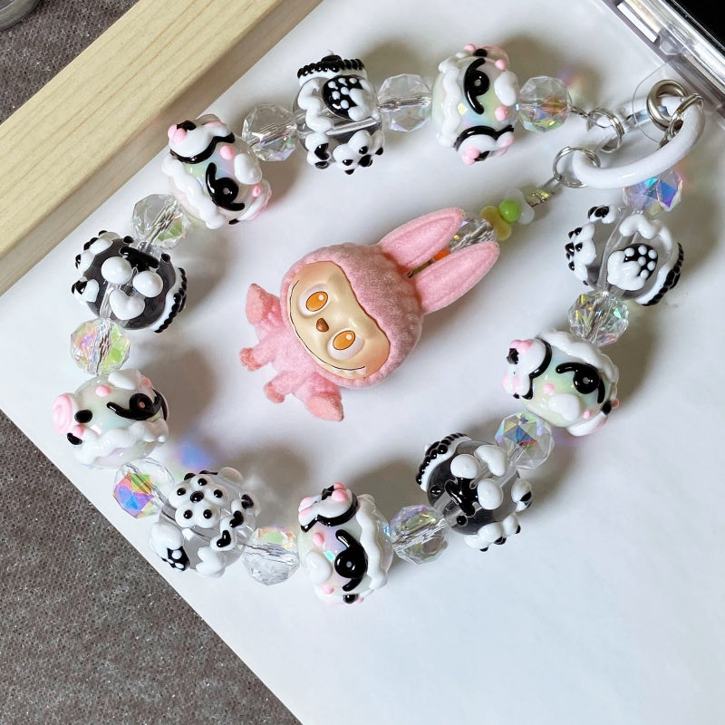 Kawaii Pink Labubu Plush Rabbit Charm Keychain – Handmade Black & White Beaded Phone Strap – Cute Soft Girl Bag Accessory & Gift