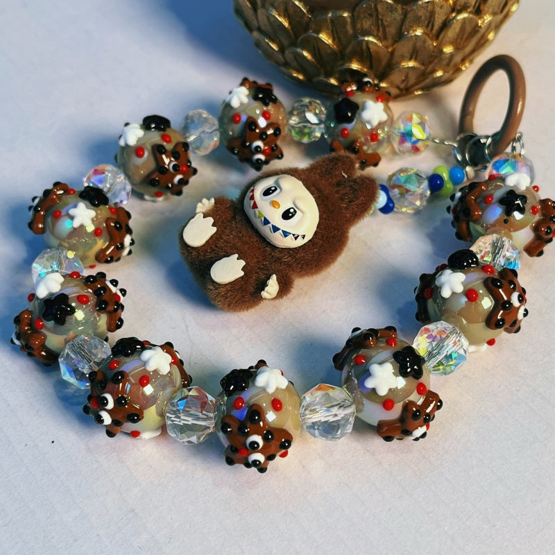 Labubu Yeti Style Phone Strap – Handmade Beaded Charm with Fuzzy Monster Doll & Cookie-Inspired Glass Beads – Cute Keychain & Bag Accessory