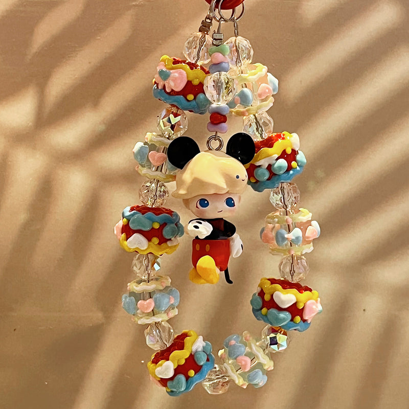 Dimoo Mickey Style Phone Strap – Handmade Cream Beaded Charm with Cute Cartoon Doll & Crystal Beads – Kawaii Bag Accessory & Toy Gift