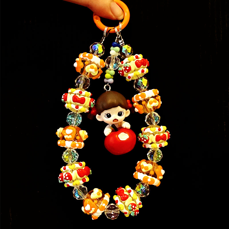 Cute Handmade Candy Beaded Keychain – Adorable Girl with Red Apple Charm Phone Chain – Colorful Beads Mobile Strap – Unique Bag Accessory & Gift for Teens