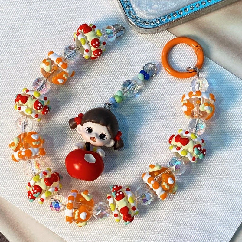 Cute Handmade Candy Beaded Keychain – Adorable Girl with Red Apple Charm Phone Chain – Colorful Beads Mobile Strap – Unique Bag Accessory & Gift for Teens