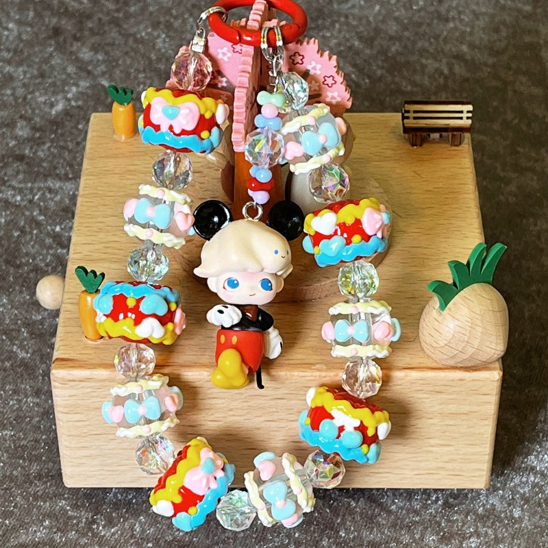 Dimoo Mickey Style Phone Strap – Handmade Cream Beaded Charm with Cute Cartoon Doll & Crystal Beads – Kawaii Bag Accessory & Toy Gift