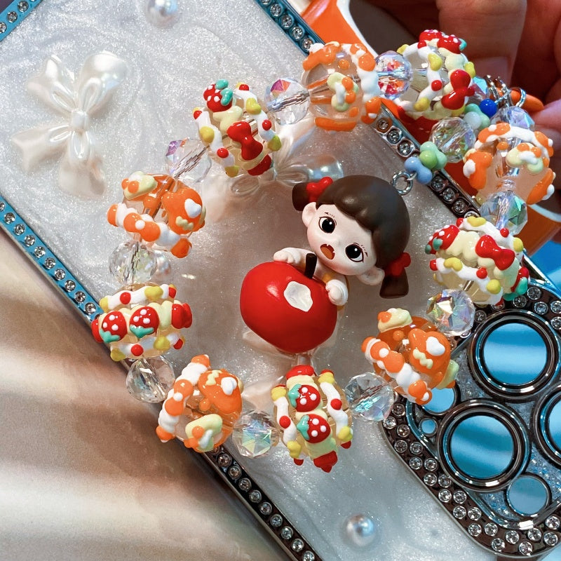 Cute Handmade Candy Beaded Keychain – Adorable Girl with Red Apple Charm Phone Chain – Colorful Beads Mobile Strap – Unique Bag Accessory & Gift for Teens