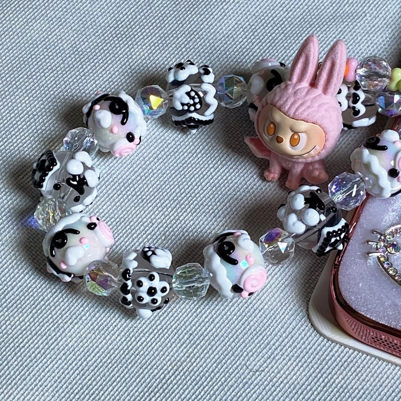 Kawaii Pink Labubu Plush Rabbit Charm Keychain – Handmade Black & White Beaded Phone Strap – Cute Soft Girl Bag Accessory & Gift