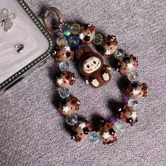 Labubu Yeti Style Phone Strap – Handmade Beaded Charm with Fuzzy Monster Doll & Cookie-Inspired Glass Beads – Cute Keychain & Bag Accessory