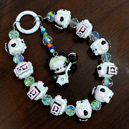 Handmade Kawaii Panda Dimo Beaded Keychain – Cute Black & White Doll Charm with Pink Details – Crystal Beads Phone Strap & Bag Accessory