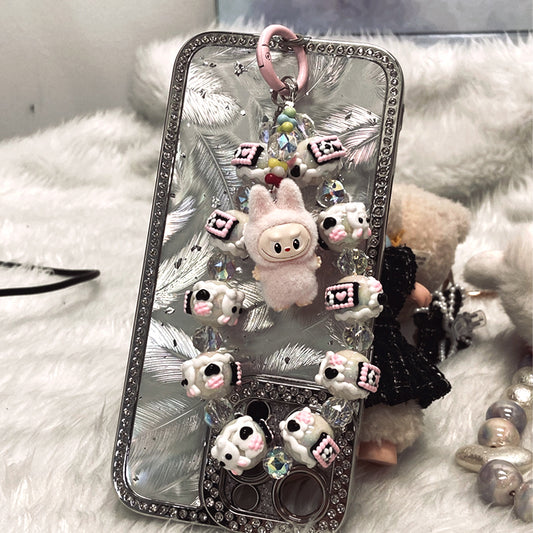 Kawaii Labubu Plush Charm Phone Strap – Handmade Beaded Keychain with Cute Dog Pendant & Glass Beads – Soft Girl Aesthetic Accessory
